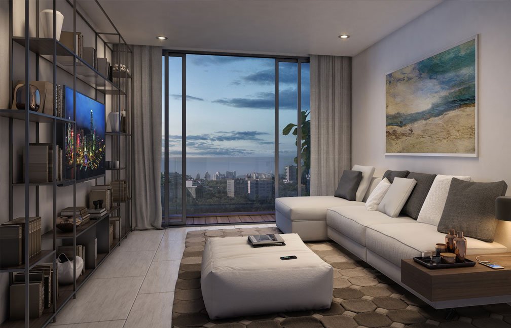 living room with a big window and furnitures
